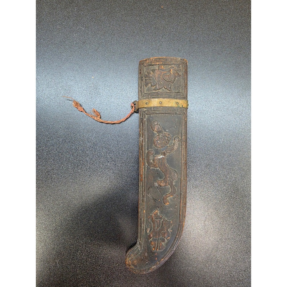 Antique Hand Carved Wood Dagger Sheath Scabbard Bird Dragon Brass Band 8.25in